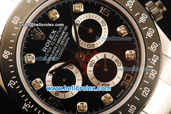 Rolex Daytona Chronograph Swiss Valjoux 7750 Automatic Movement Steel Case with Black Dial and Black Bezel-Diamond Markers - Click Image to Close